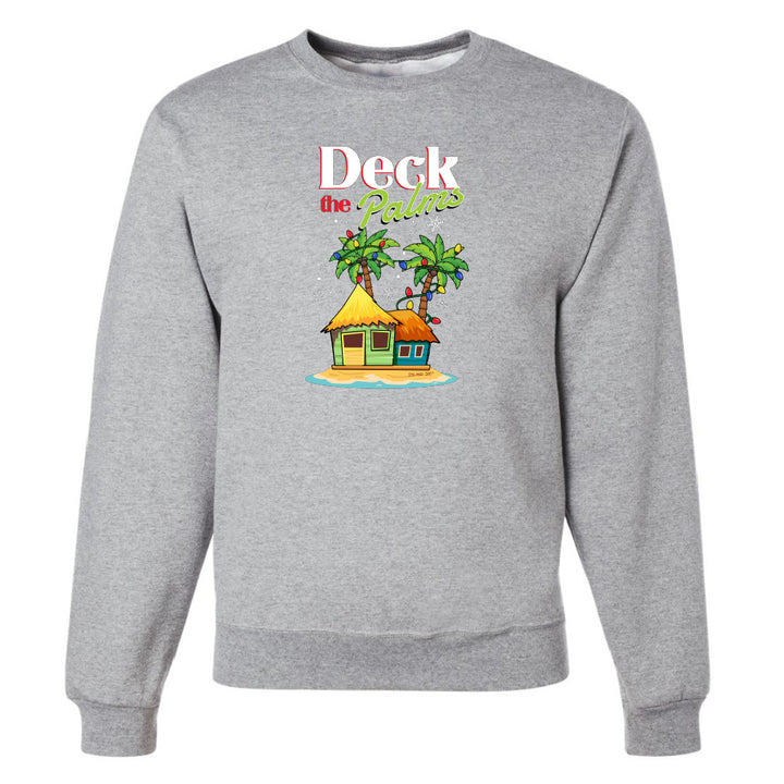 Grey sweatshirt with a tropical hut and palm tree design and graphic text reading "Deck The Palms" on a white background