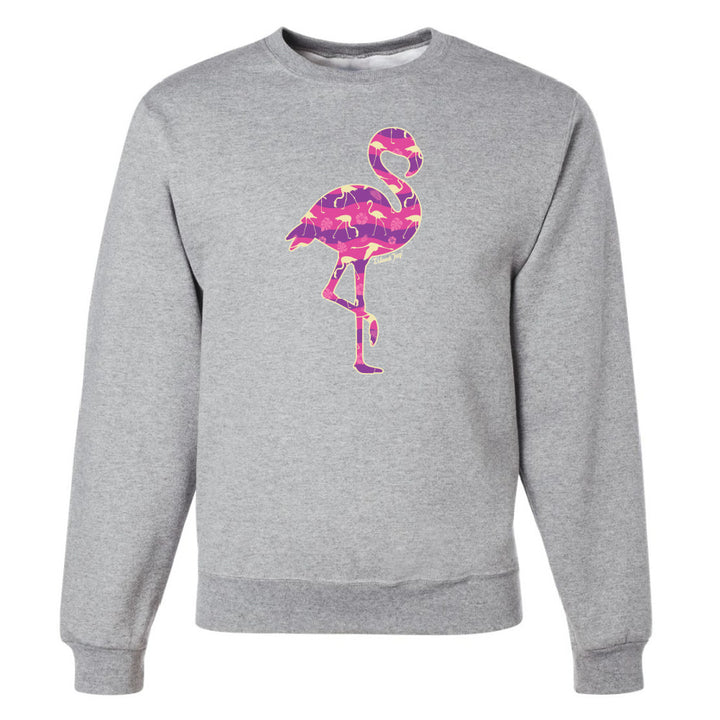 Grey sweatshirt with a colorful flamingo design on a white background