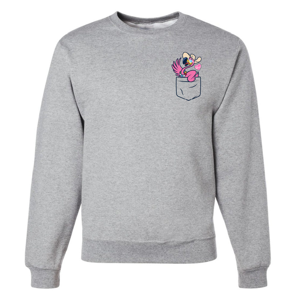 Gray sweatshirt with a pocket design featuring a cartoon character and flowers on a white background