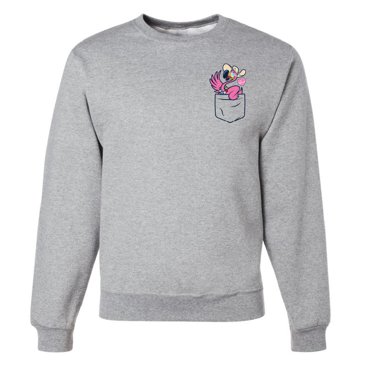 Gray sweatshirt with a pocket design featuring a cartoon character and flowers on a white background