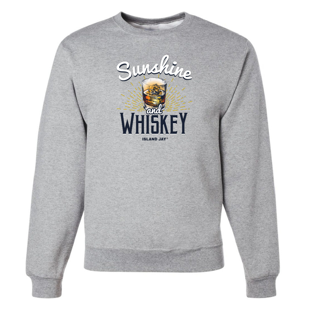 Gray sweatshirt with 'Sunshine and Whiskey' text and graphic on a white background