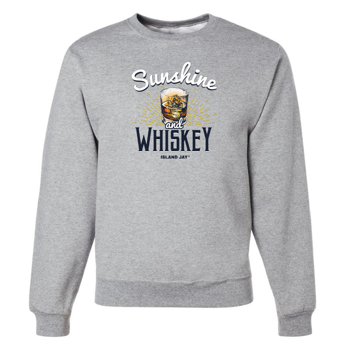 Gray sweatshirt with 'Sunshine and Whiskey' text and graphic on a white background