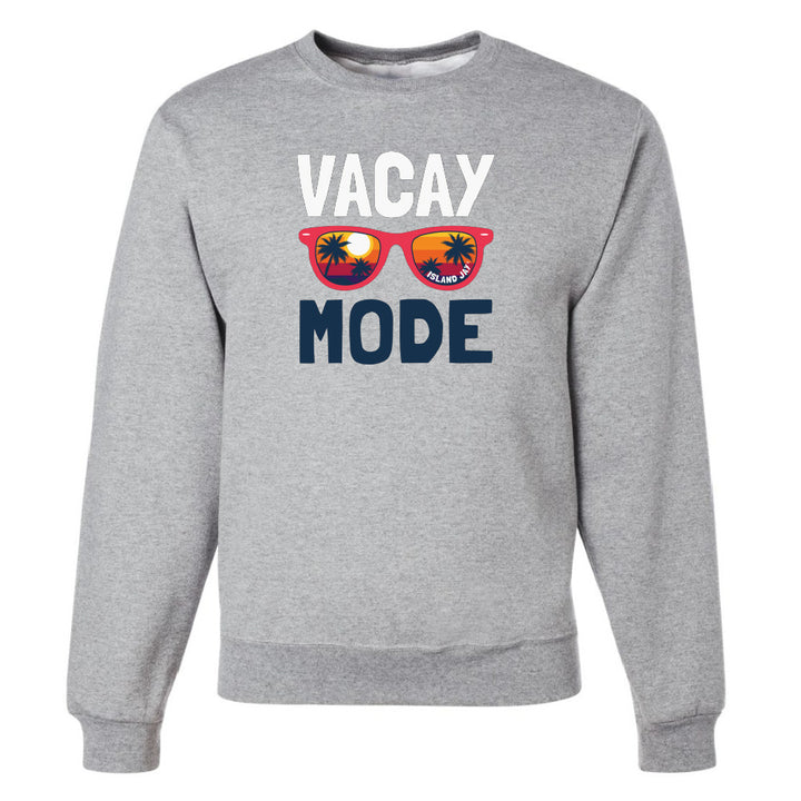 Gray sweatshirt with 'Vacay Mode' text and sunglasses graphic on a white background