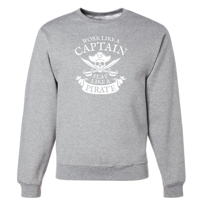 Gray sweatshirt with white graphic and text on a white background