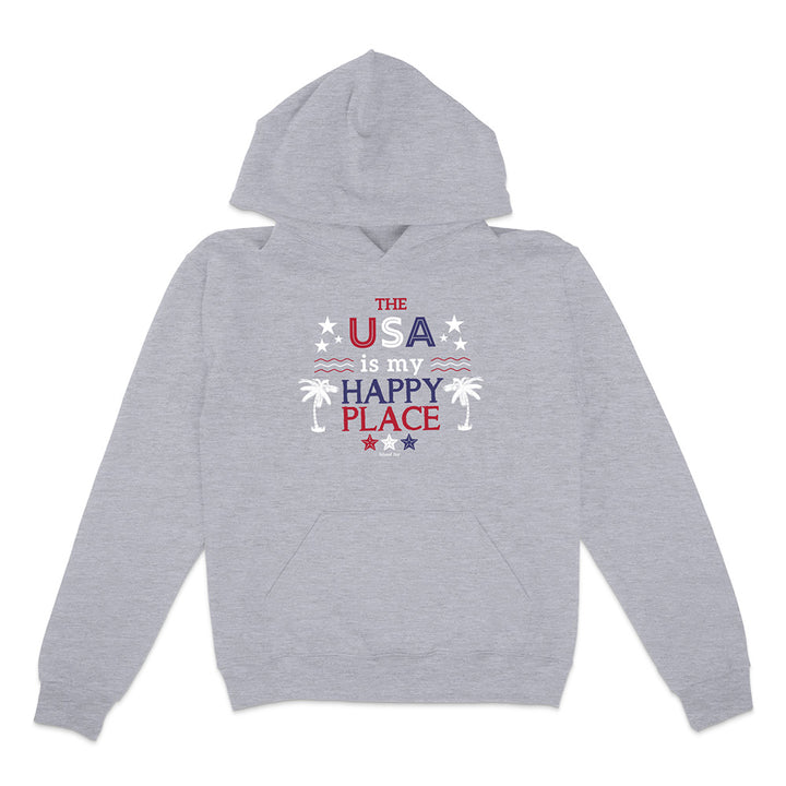 Grey Hoodie with Graphic text reading "The USA Is My Happy place" with palm trees and stars on a white background.