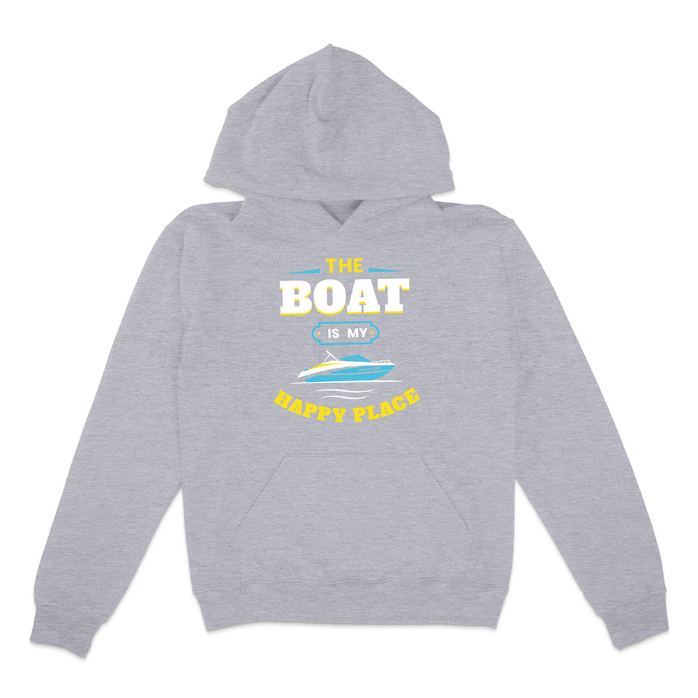 Gray hoodie with 'The Boat is My Happy Place' text and graphic on a white background