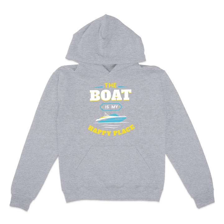 Gray hoodie with 'The Boat is My Happy Place' text and graphic on a white background
