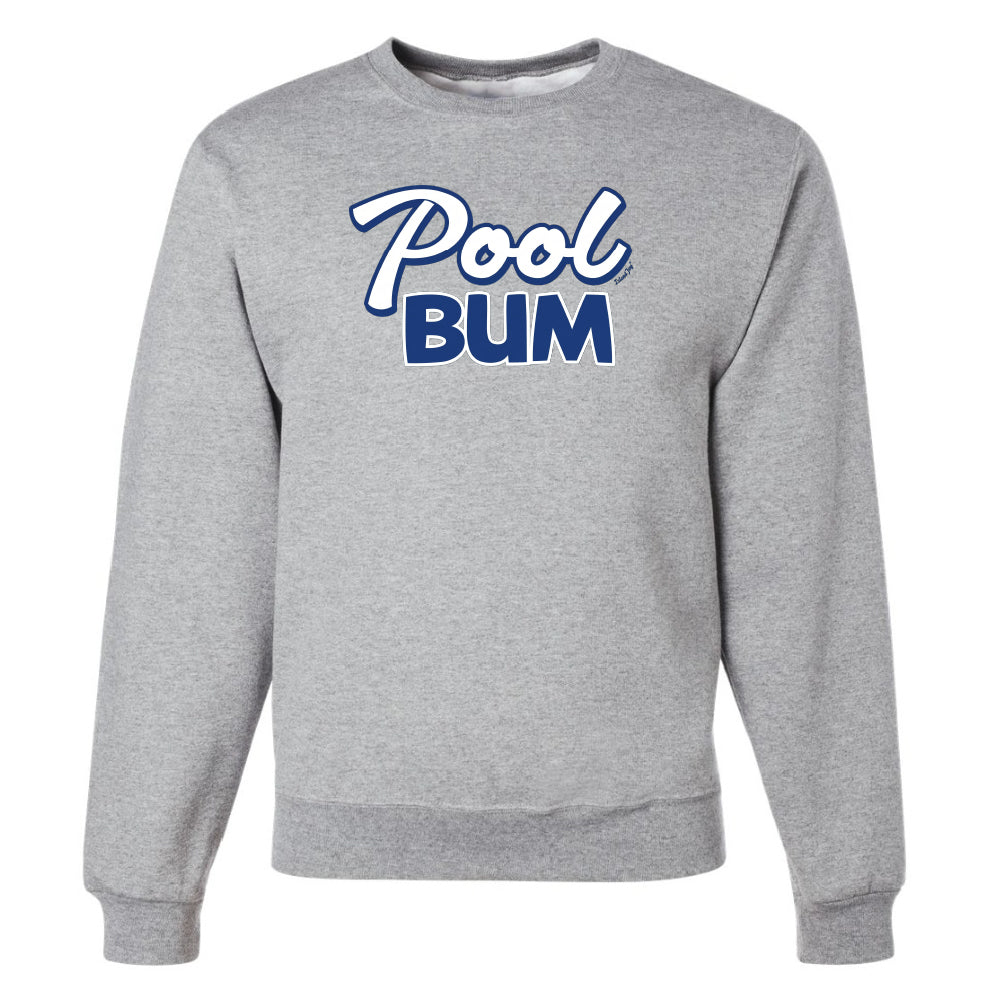 Gray sweatshirt with 'Pool Bum' text on a white background