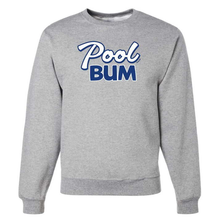 Gray sweatshirt with 'Pool Bum' text on a white background