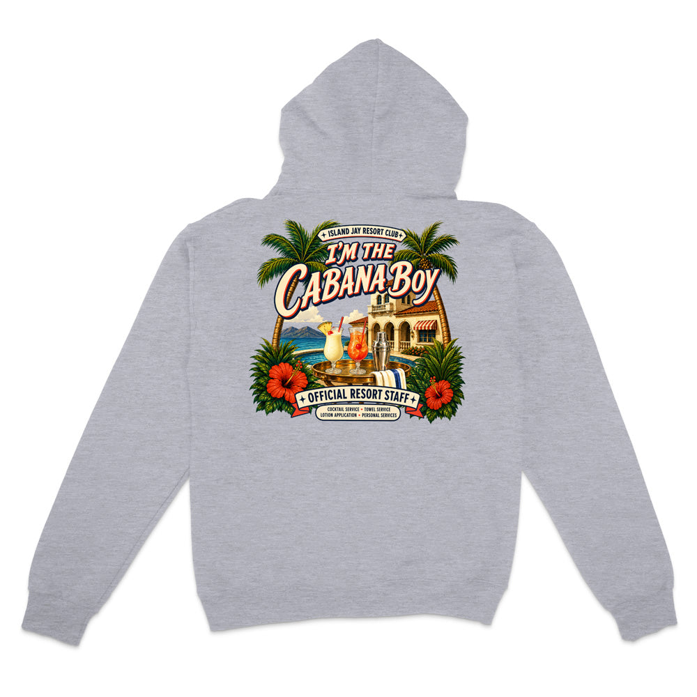 A light heather gray hoodie shown from the back, featuring a large, colorful graphic print of a tropical resort scene with palm trees, hibiscus flowers, cocktails, and the text 'I'M THE CABANA BOY' and 'OFFICIAL RESORT STAFF'.