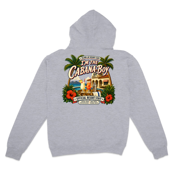 A light heather gray hoodie shown from the back, featuring a large, colorful graphic print of a tropical resort scene with palm trees, hibiscus flowers, cocktails, and the text 'I'M THE CABANA BOY' and 'OFFICIAL RESORT STAFF'.