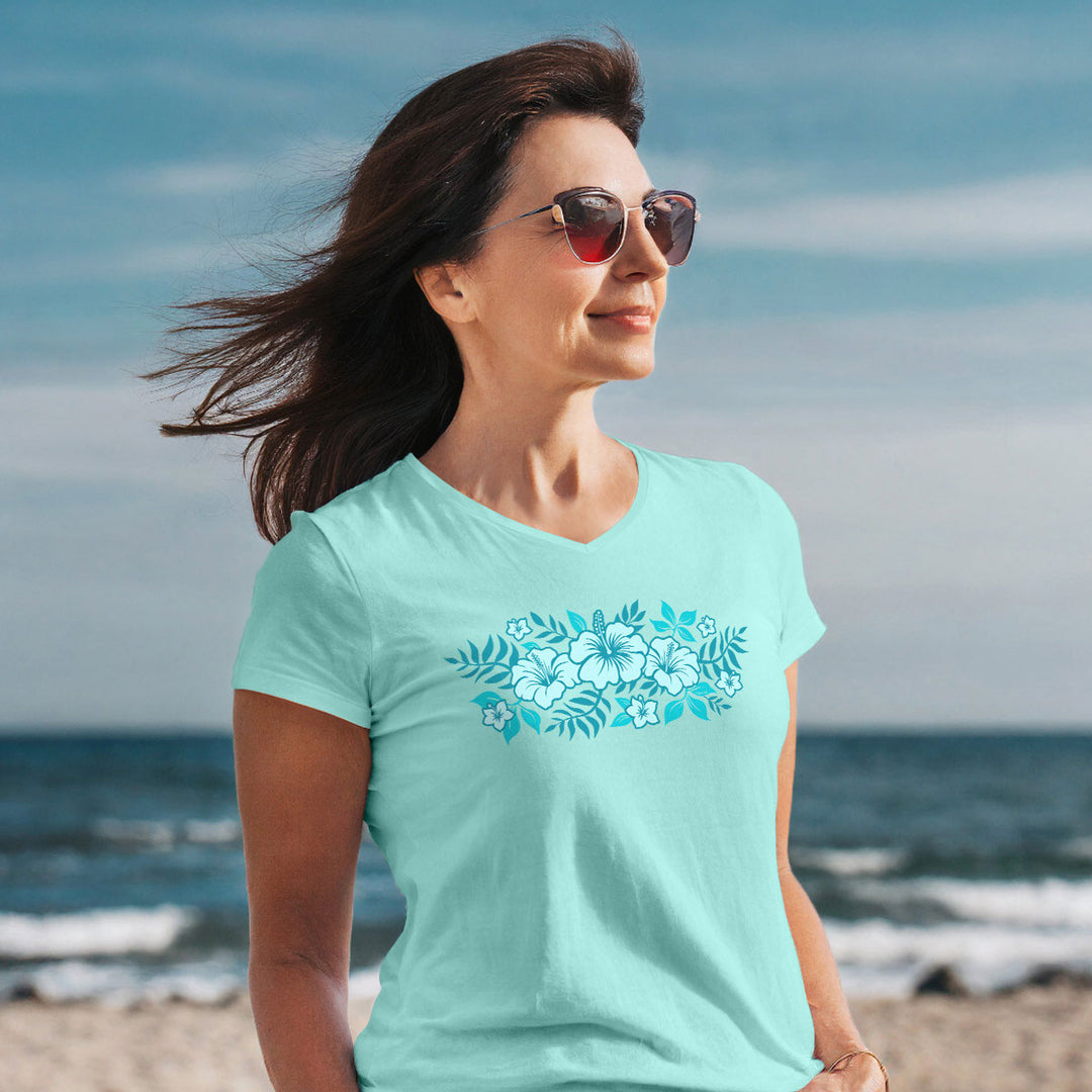 Women Model At The Beach Wearing Island Jay's Azul Hibiscus V-Neck T-Shirt