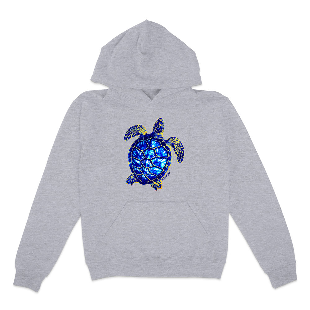 Gray hoodie with a blue turtle design on a white background