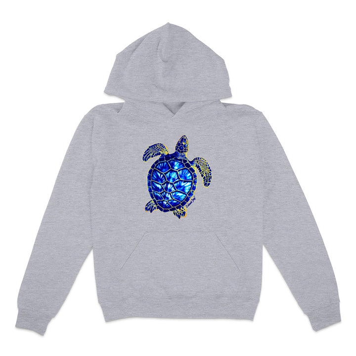 Gray hoodie with a blue turtle design on a white background