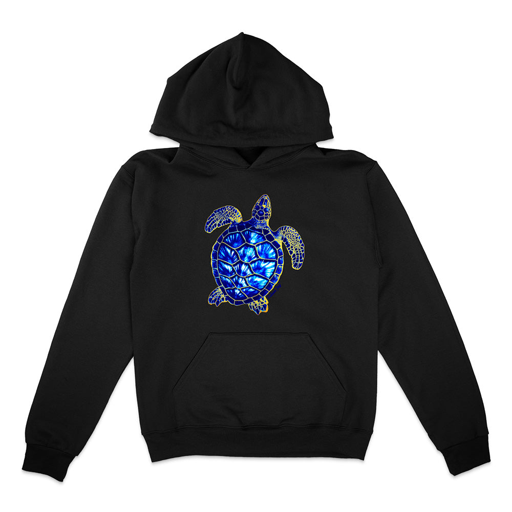 Black hoodie with a blue turtle design on a white background