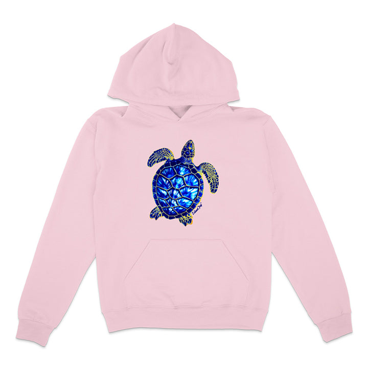 Pink hoodie with a blue turtle design on a white background
