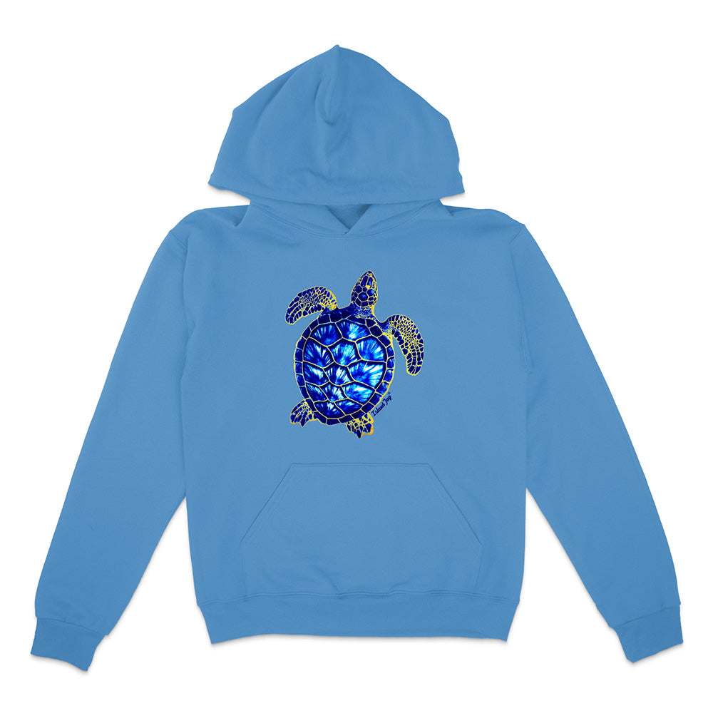 Blue hoodie with a turtle design on a white background