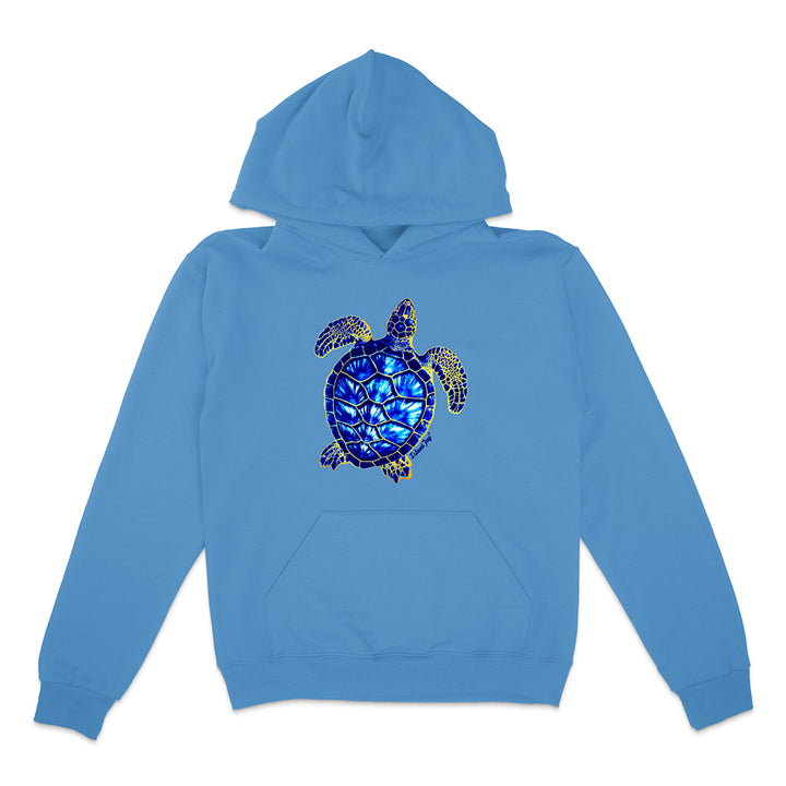 Blue hoodie with a turtle design on a white background
