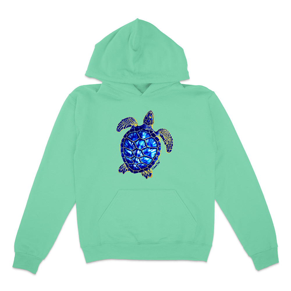 Mint green hoodie with a blue turtle design on a white background