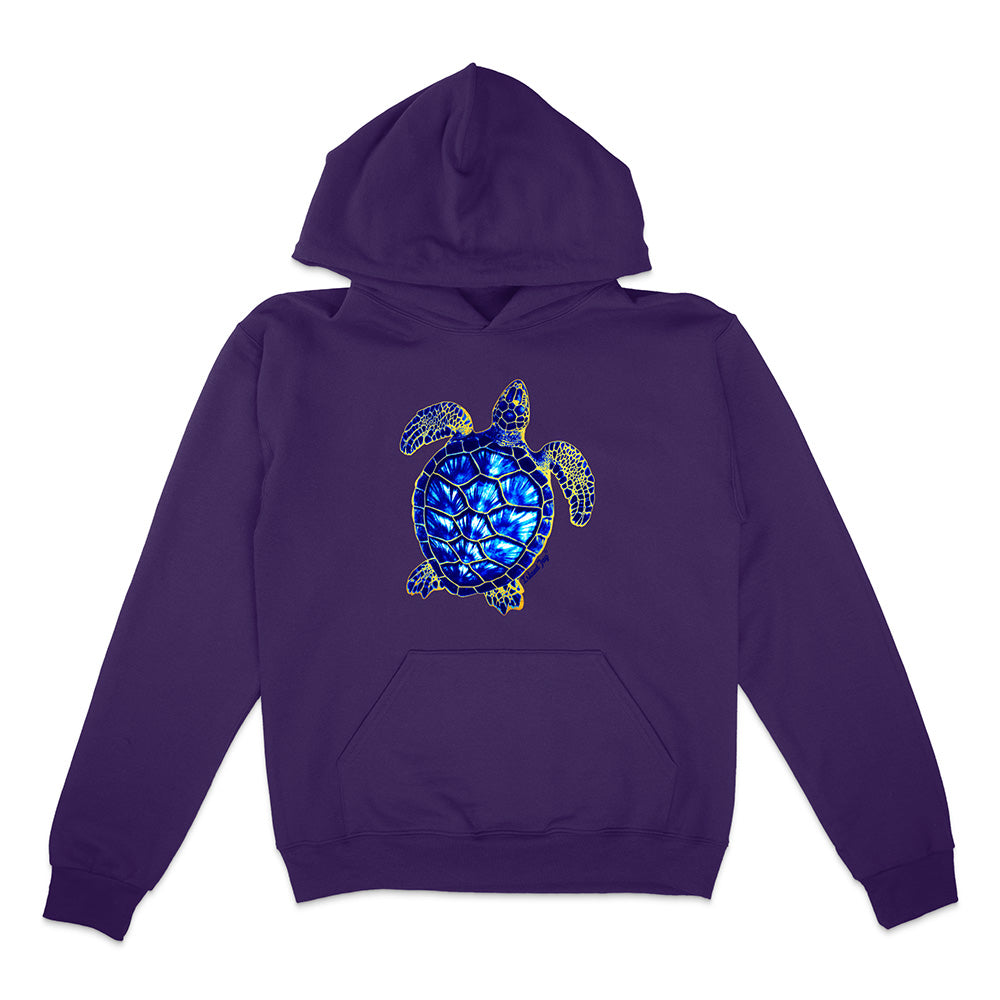 Purple hoodie with a blue turtle design on a white background