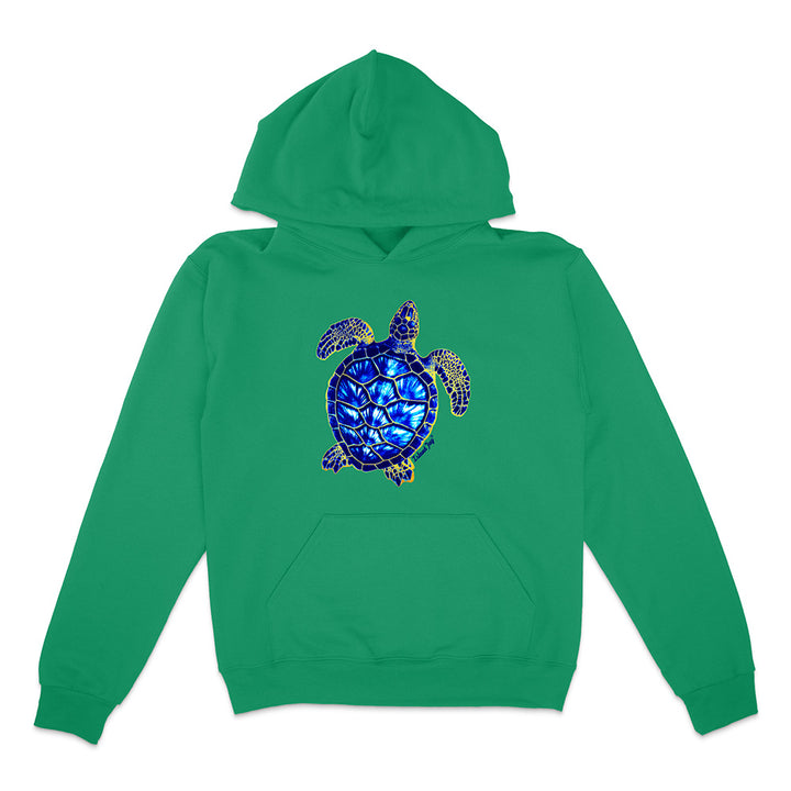 Green hoodie with a blue turtle design on a white background