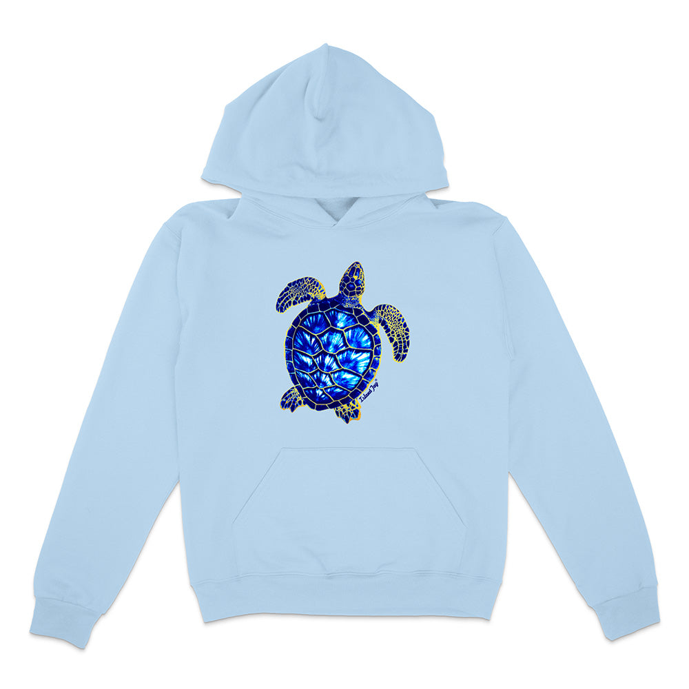 Light blue hoodie with a turtle design on a white background