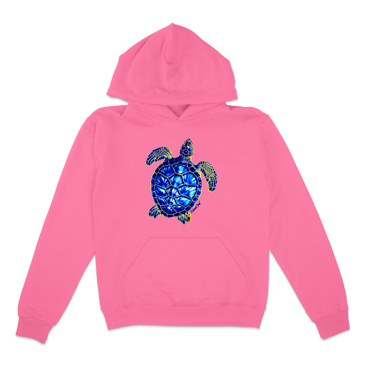 Pink hoodie with a blue turtle design on a white background