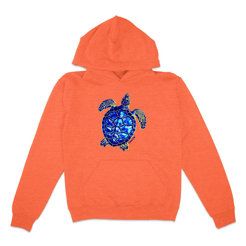 Orange hoodie with a blue turtle design on a white background