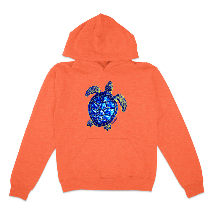 Orange hoodie with a blue turtle design on a white background