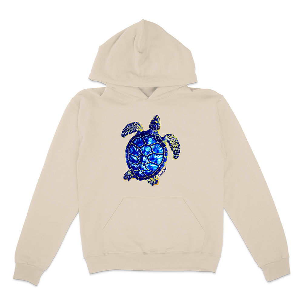 Beige hoodie with a blue turtle design on a white background