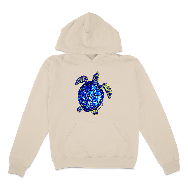 Beige hoodie with a blue turtle design on a white background
