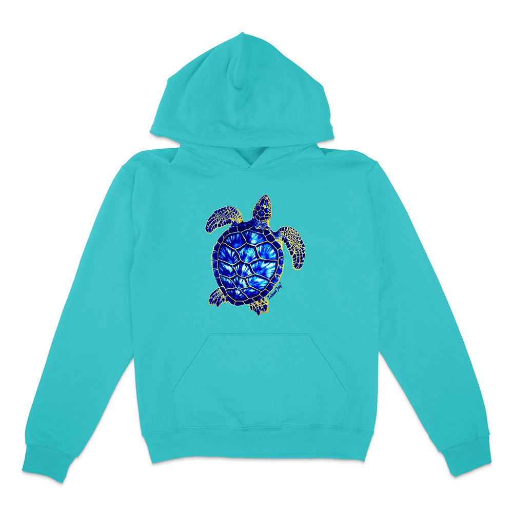 Turquoise hoodie with a turtle design on a white background