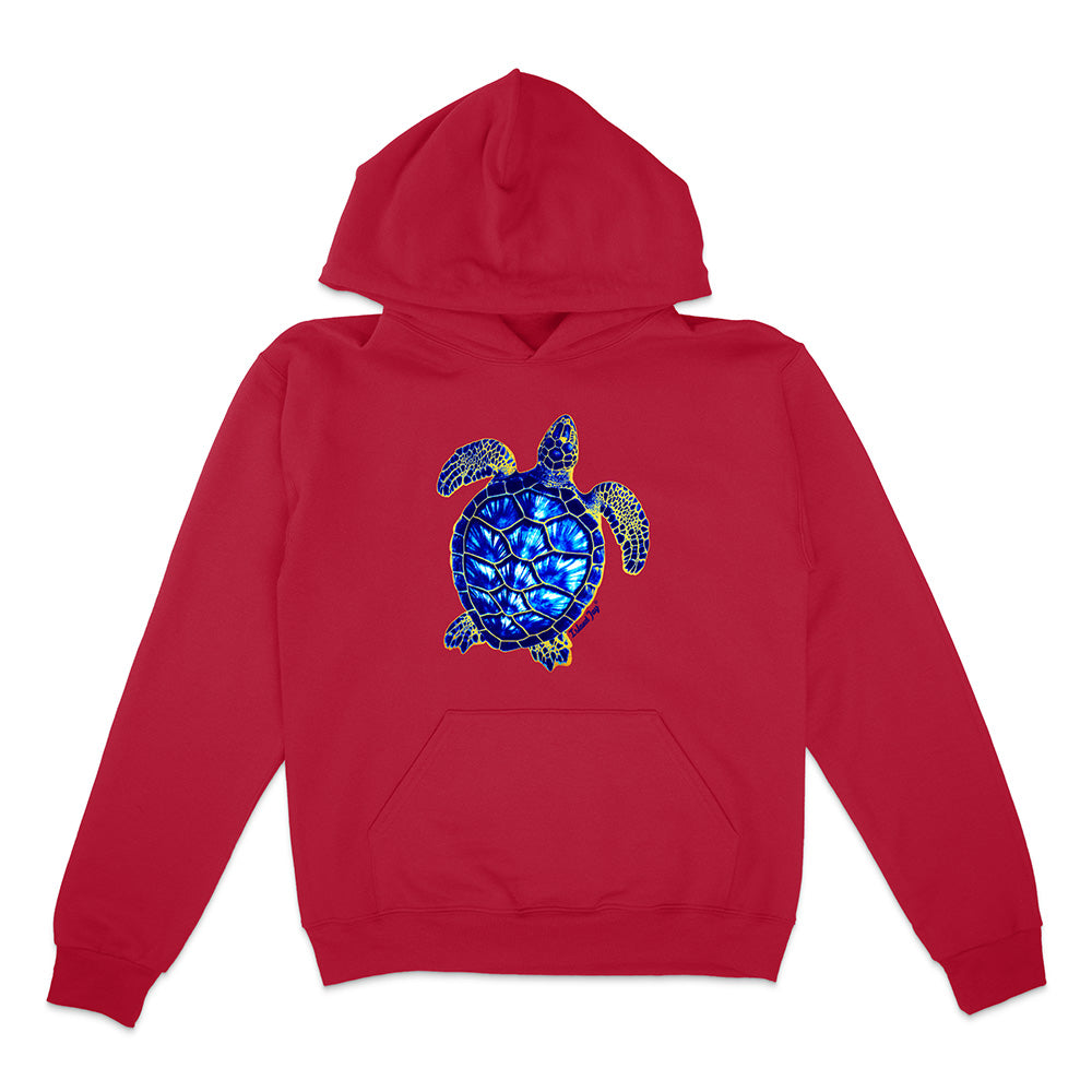 Red hoodie with a blue turtle design on a white background