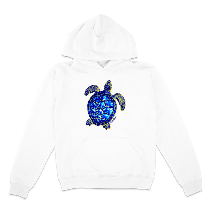 White hoodie with a blue turtle design on a white background