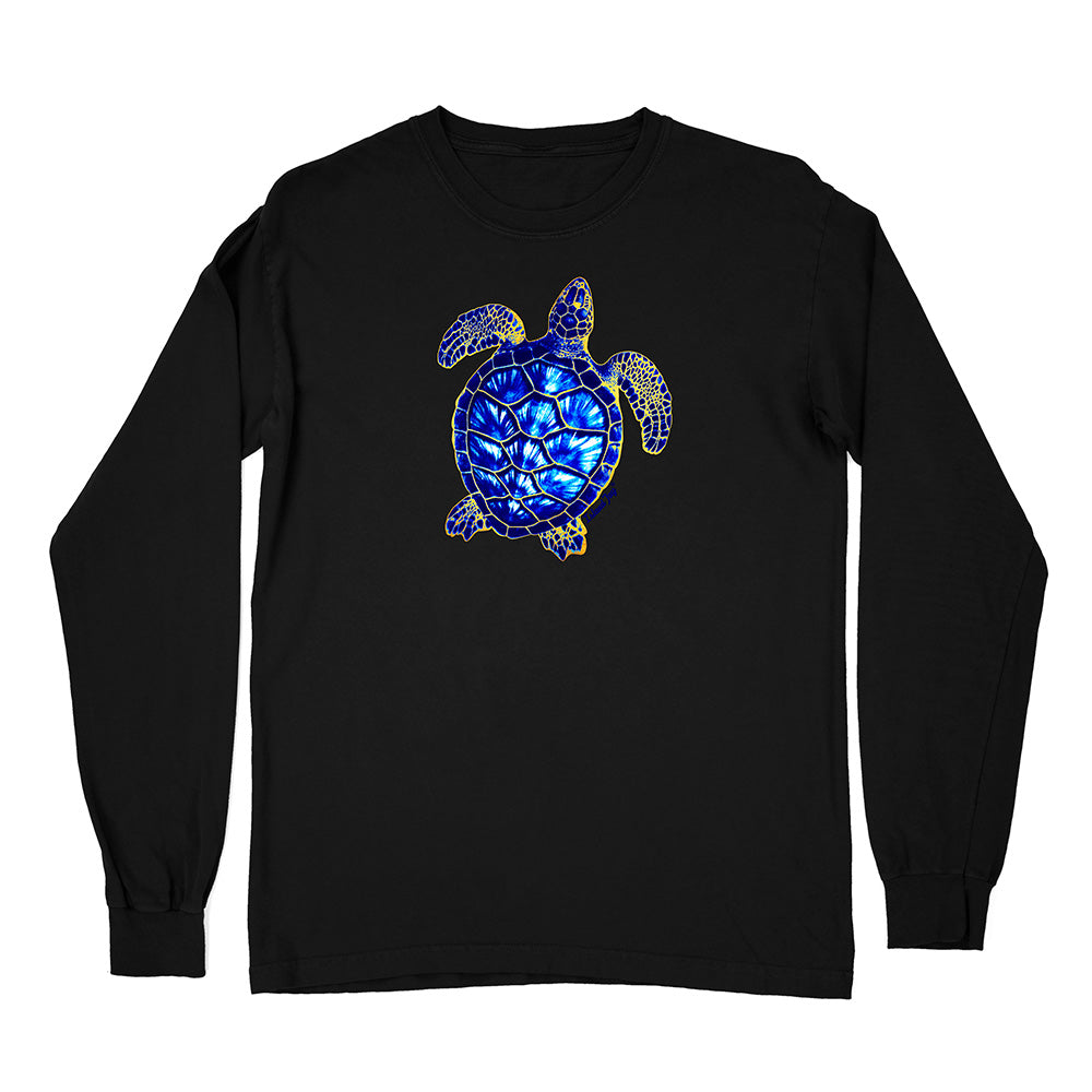 Black long-sleeve shirt with a blue turtle design on a white background
