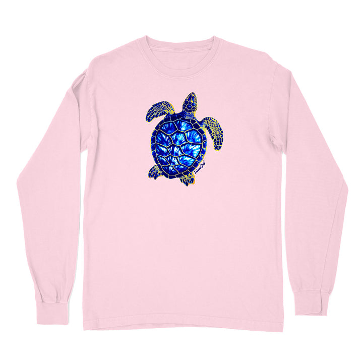 Pink long-sleeve shirt with a blue turtle design on a white background