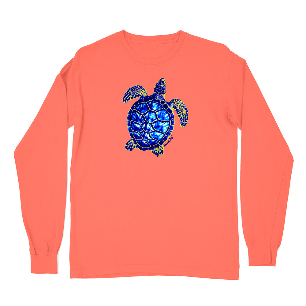 Coral long-sleeve shirt with a blue turtle design on a white background