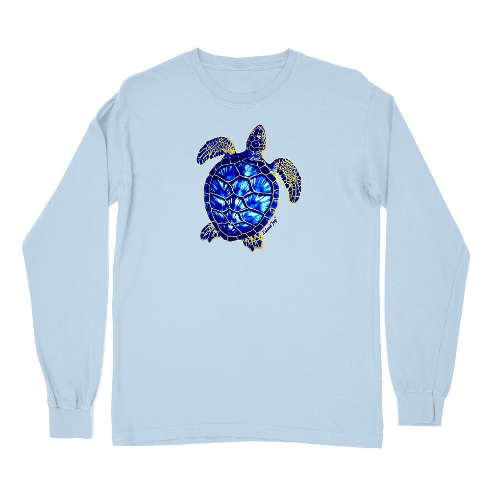 Light blue long-sleeve shirt with a turtle design on a white background
