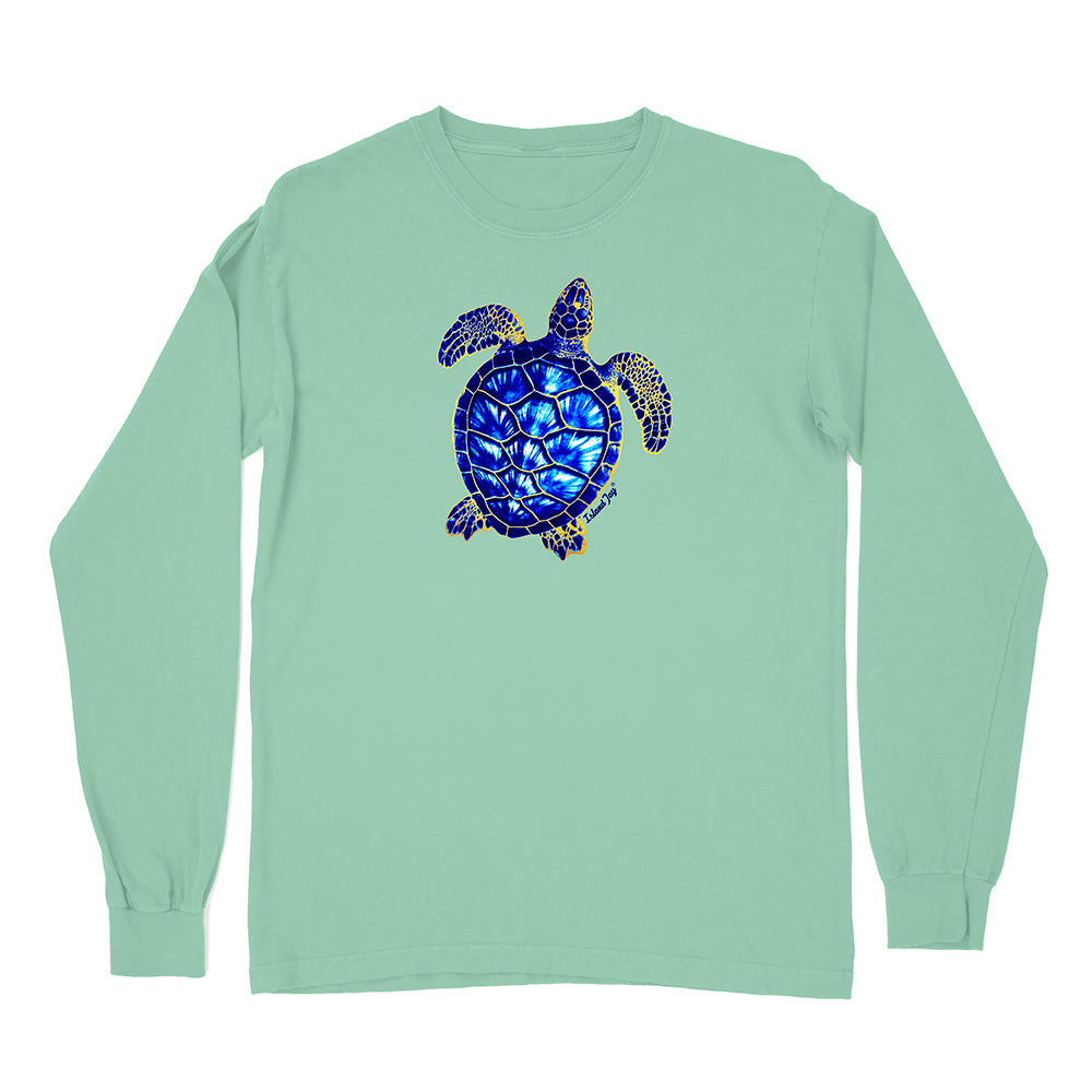 Mint green long-sleeve shirt with a blue mosaic turtle design on a white background
