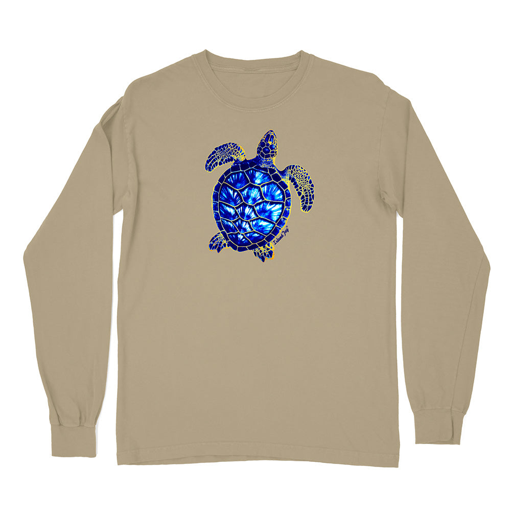 Beige long-sleeve shirt with a blue mosaic turtle design on a white background