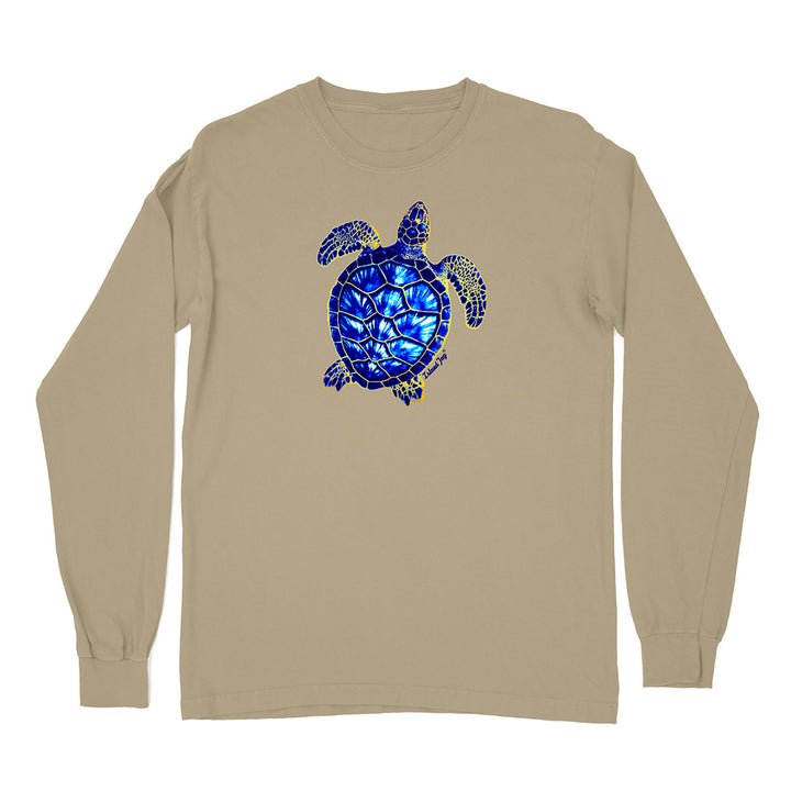 Beige long-sleeve shirt with a blue mosaic turtle design on a white background