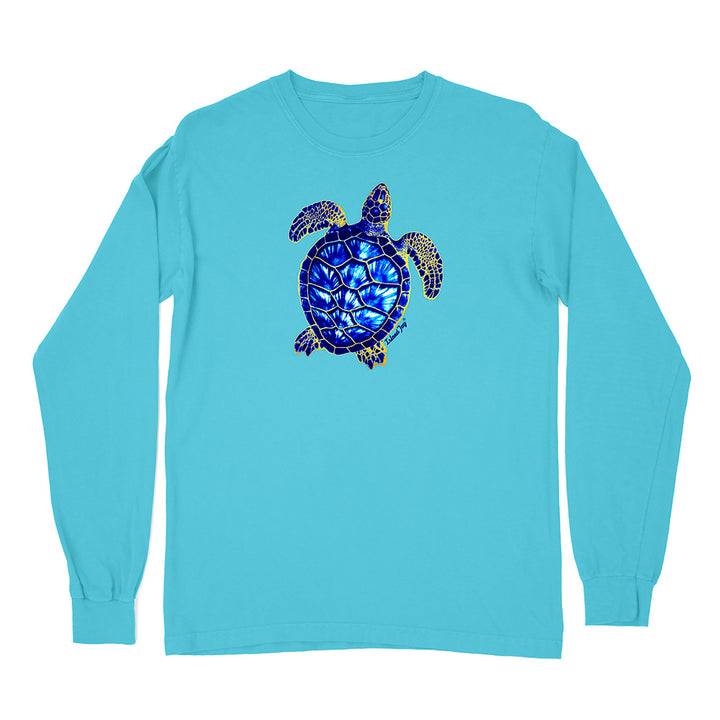 Turquoise long-sleeve shirt with a turtle design on a white background