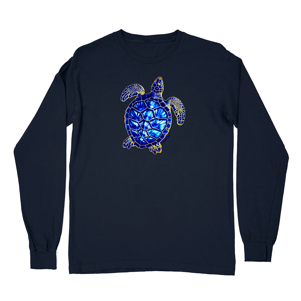 Navy blue long-sleeve shirt with a blue turtle design on a white background