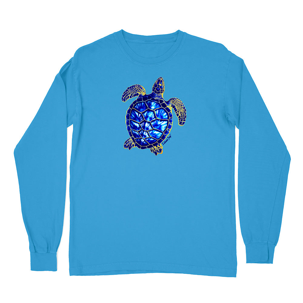 Blue long-sleeve shirt with a turtle design on a white background