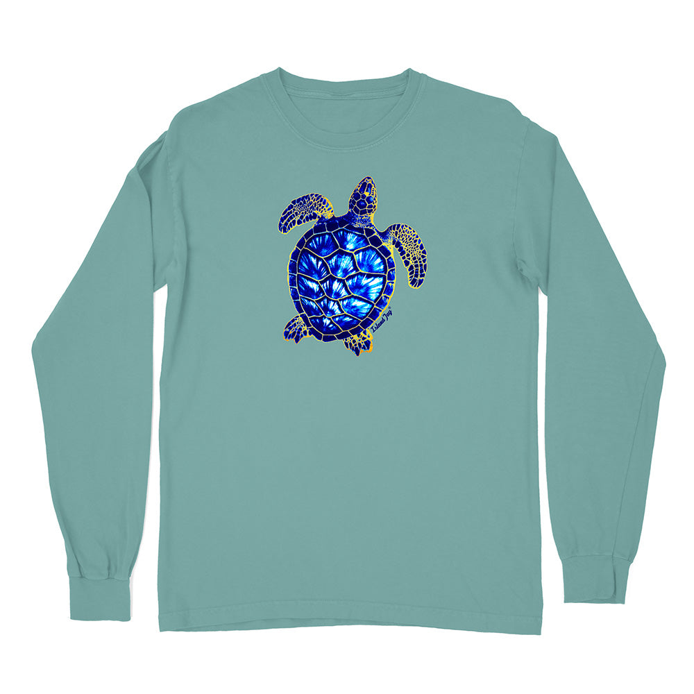 Teal long-sleeve shirt with a turtle design on a white background