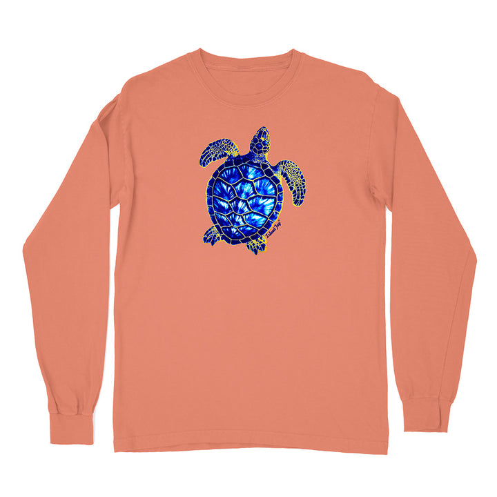 Long-sleeve shirt with a blue turtle design on a peach background