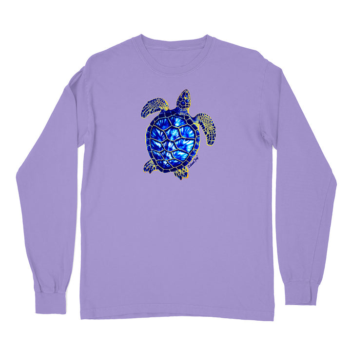 Purple long-sleeve shirt with a blue mosaic turtle design on a white background