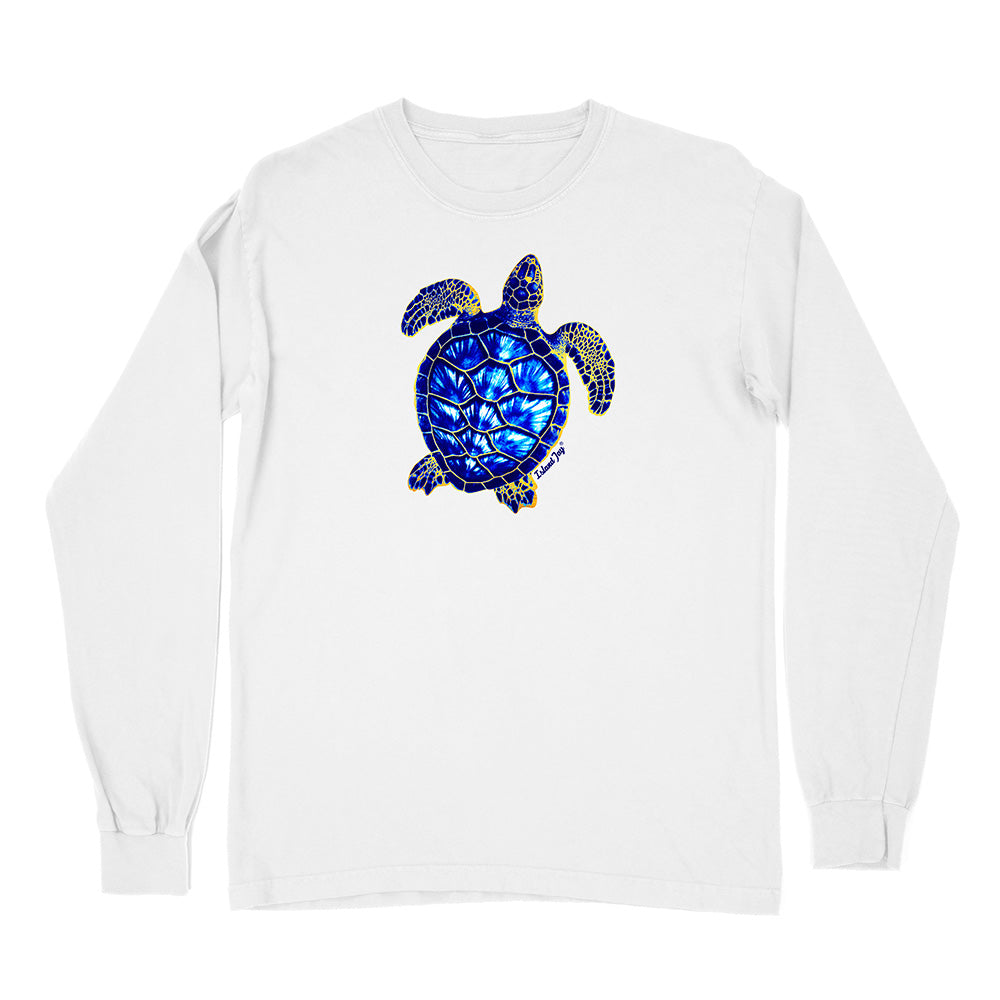 White long-sleeve shirt with a blue mosaic turtle design on a white background
