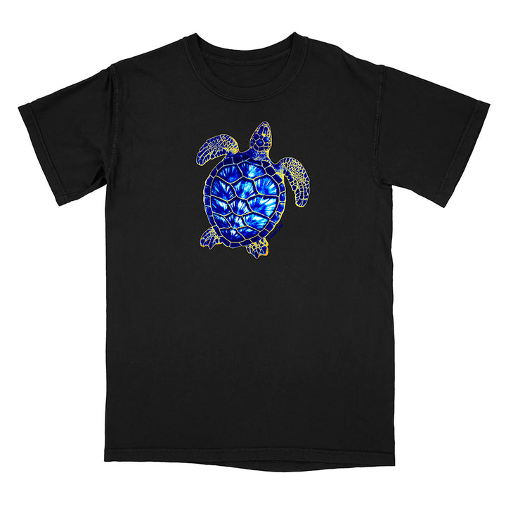 Black t-shirt with a blue and gold turtle design on a white background