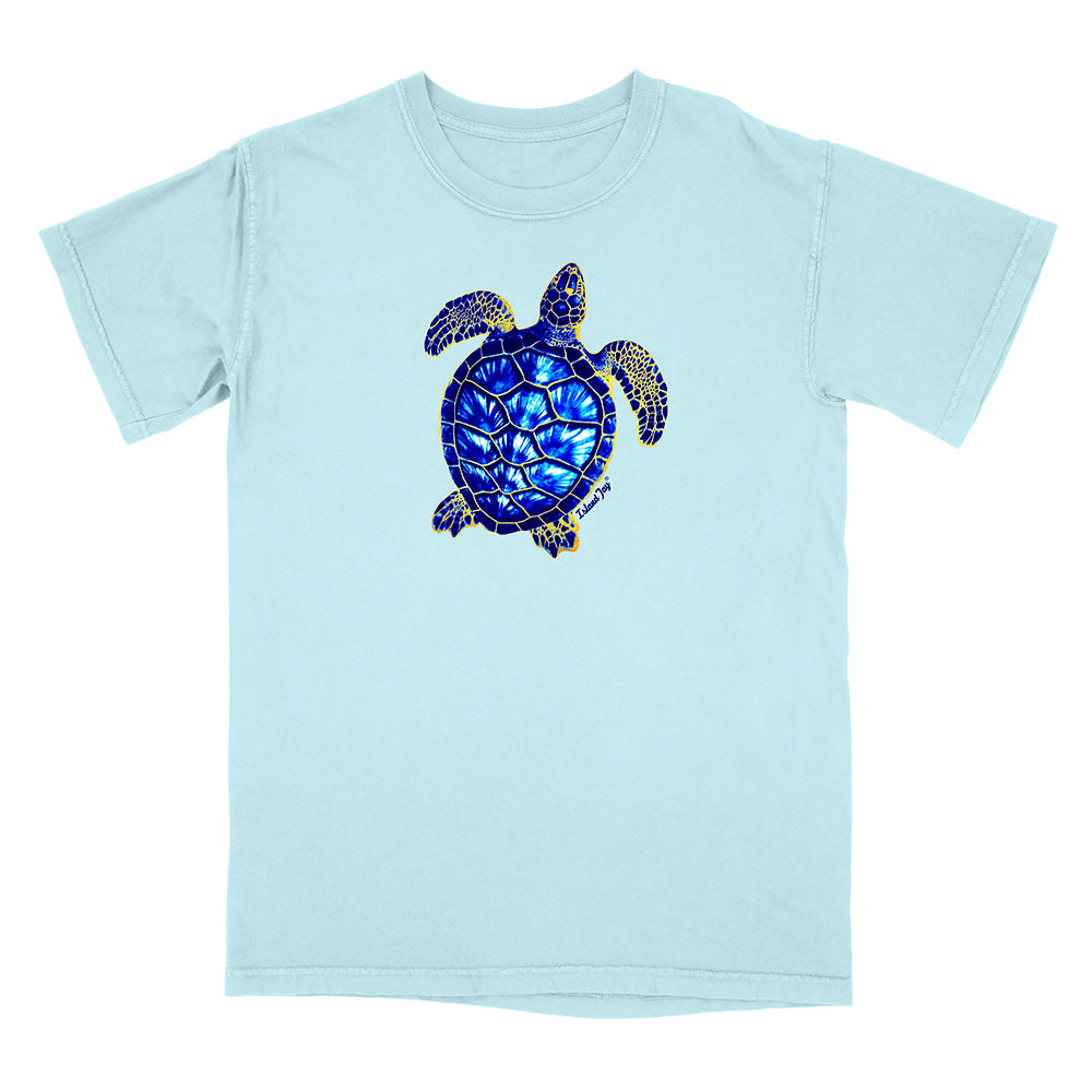 Light blue t-shirt with a decorative turtle design on a white background
